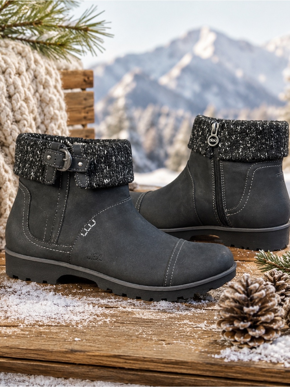 JBU Karissa Women's Water Resistant Charcoal Ankle Boots with Knit Cuff size 9.5
